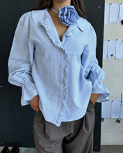 Load image into Gallery viewer, Ruby Sandler Ruffle Shirt - Navy Stripe Hyde Boutique