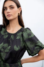 Load image into Gallery viewer, Stories Be Told Stage Satin Puff Sleeve Maxi Dress - Green Shadow Garden Hyde Boutique