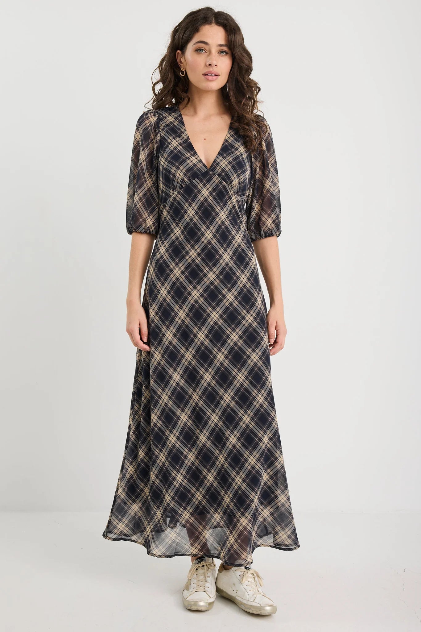 midi dress amora Among The Brave Amora Check Chiffon SS Bias Midi Dress