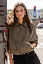 Load image into Gallery viewer, Stories Be Told Troupe Mock Suede Zip Through Bubble Hem Jacket - Khaki Arriving Mid June Apparel > Women > Clothing > Jackets > Faux Leather Jackets > Bubble Hem Jackets > Stories Be Told Hyde Boutique