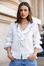 Load image into Gallery viewer, Stories Be Told Bohemian Sheer Frill Front Blouse - Ivory Black Trim