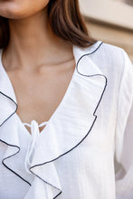 Load image into Gallery viewer, Stories Be Told Bohemian Sheer Frill Front Blouse - Ivory Black Trim