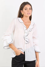 Load image into Gallery viewer, Stories Be Told Bohemian Sheer Frill Front Blouse - Ivory Black Trim