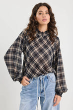 Load image into Gallery viewer, Among The Brave Embrace Check Chiffon Shirred Neck LS Top Apparel > Women > Clothing > Jackets > Faux Leather Jackets > Bubble Hem Jackets > Stories Be Told Hyde Boutique