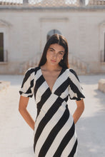 Load image into Gallery viewer, Among the Brave Amora Bias Midi Dress - Black + White Stripe Apparel > Women > Clothing > Dresses > Midi Dresses > Among the Brave Hyde Boutique