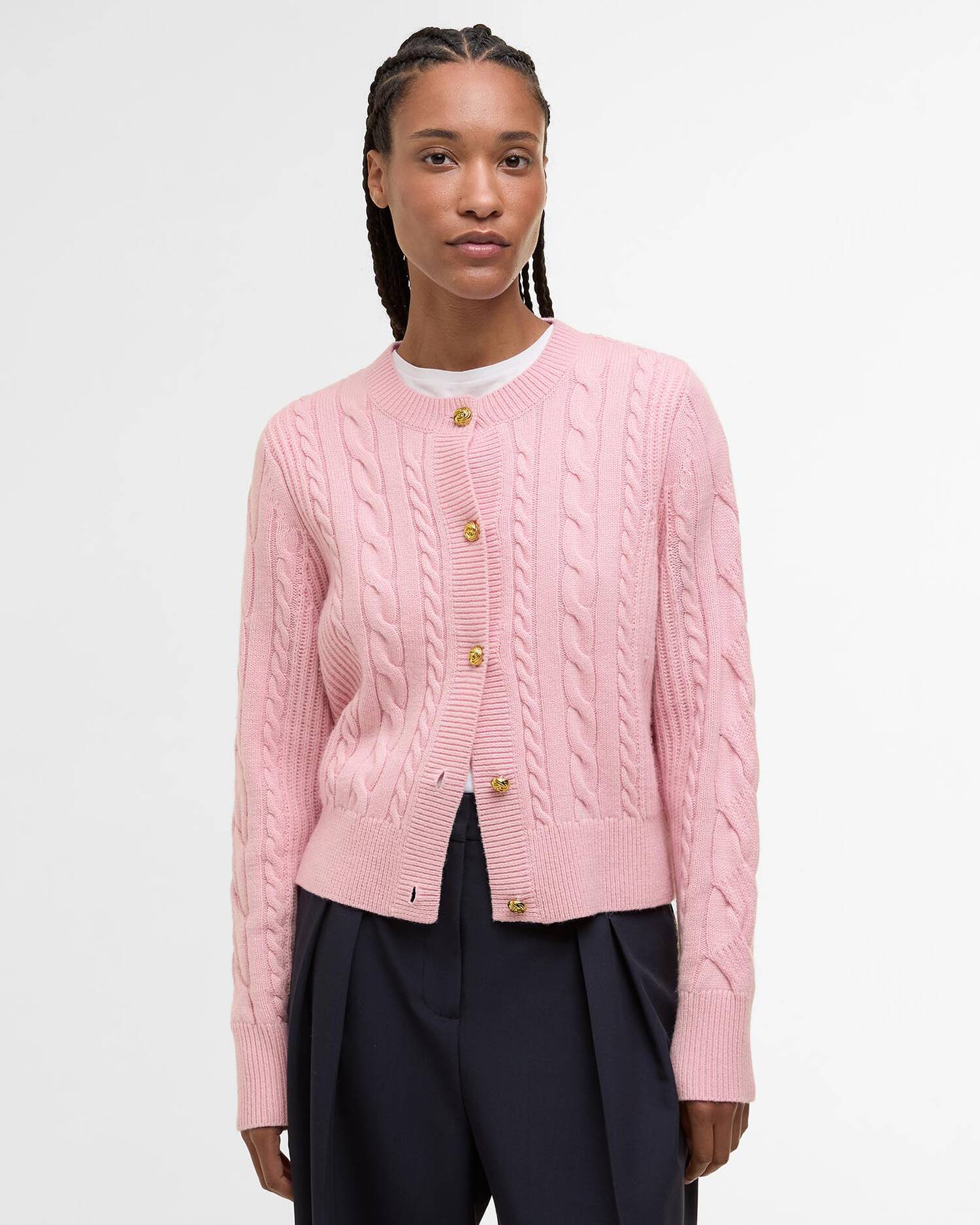 Barbour Elina Wool-Cashmere Cable-Knit Cardigan - Cherry Blossom