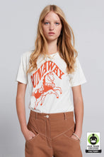 Load image into Gallery viewer, Karen Walker Runaway Carousel Organic Cotton T-Shirt - Ecru/Tangerine Apparel > Women > Clothing > Tops > Tees > Graphic Tees > Karen Walker Hyde Boutique