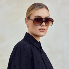 Load image into Gallery viewer, Valley Eyewear Bang Bang Transparent Chocolate Fade To Crystal w. Gold Metal / Dark Orange Gradient Lens. Hyde Boutique