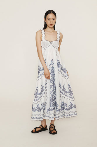 ALÉMAIS HAZEL SMOCKED EMBROIDERED MIDI DRESS (WHITE) Hyde Boutique