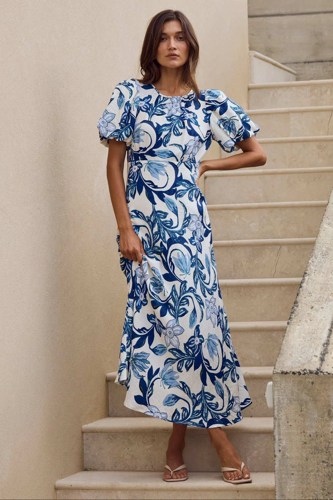 Stories Be Told Stage Puff Sleeve Floaty Maxi Dress - Blue Floral
