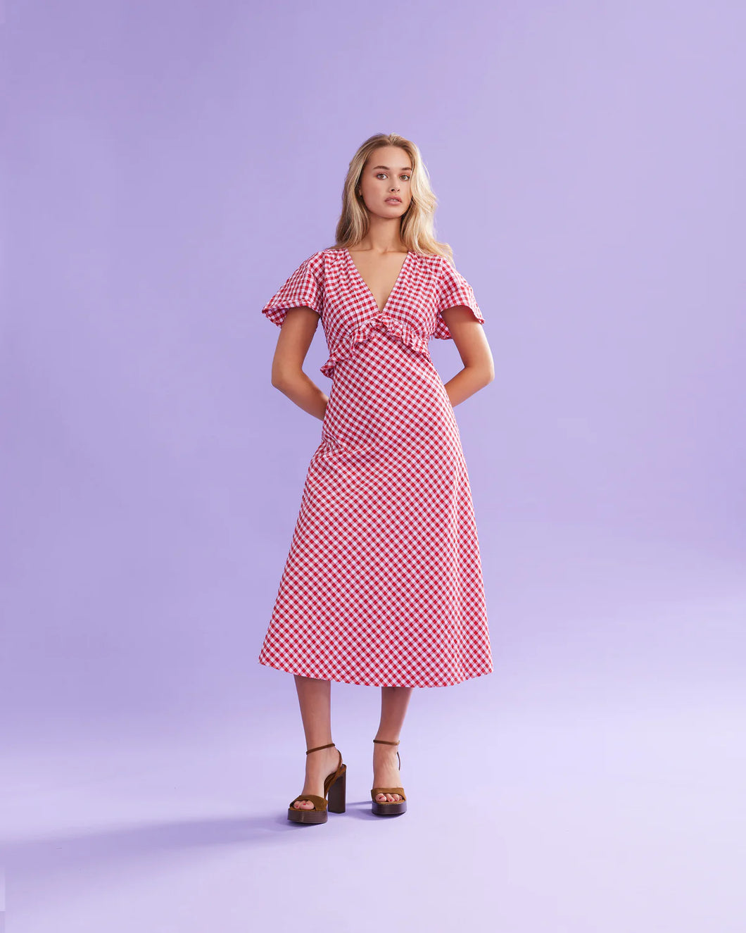 Ruby Petal Ruffle Midi Dress - Red Lilac Tartan Hyde Boutique