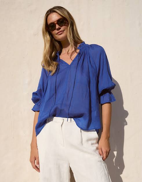 Among The Brave Expedition Ramie Shirred Neck Top - Blue Arriving 20 Oct