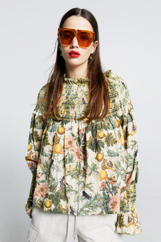 Karen Walker Gaia Long Sleeve Smocked Blouse - Macadamia/Green  Hyde Boutique   