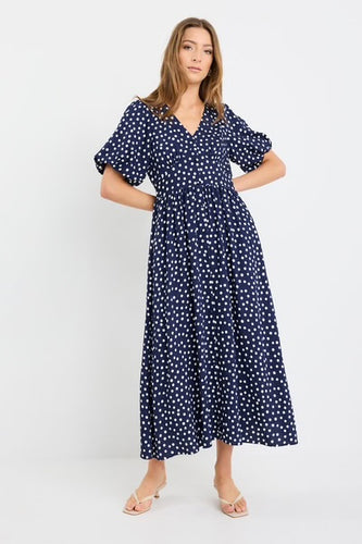 Stories Be Told Lisbon Puff Sleeve Midi Dress - Navy Polka Dot Hyde Boutique