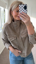 Load image into Gallery viewer, Stories Be Told Funnel Neck Denim Jacket - Taupe Arriving Saturday Hyde Boutique

