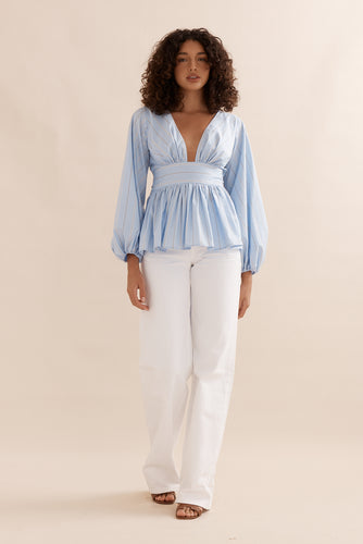 Caitlin Crisp Belle Blouse - Blue Stripe Hyde Boutique