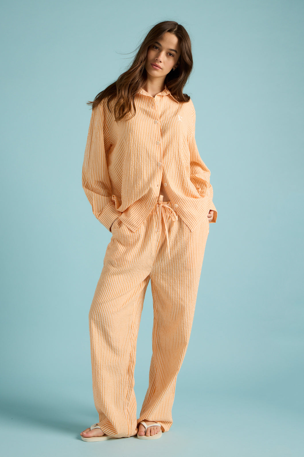 Papinelle x Karen Walker Seersucker Stripe F/L PJ Set - Orange/Cream