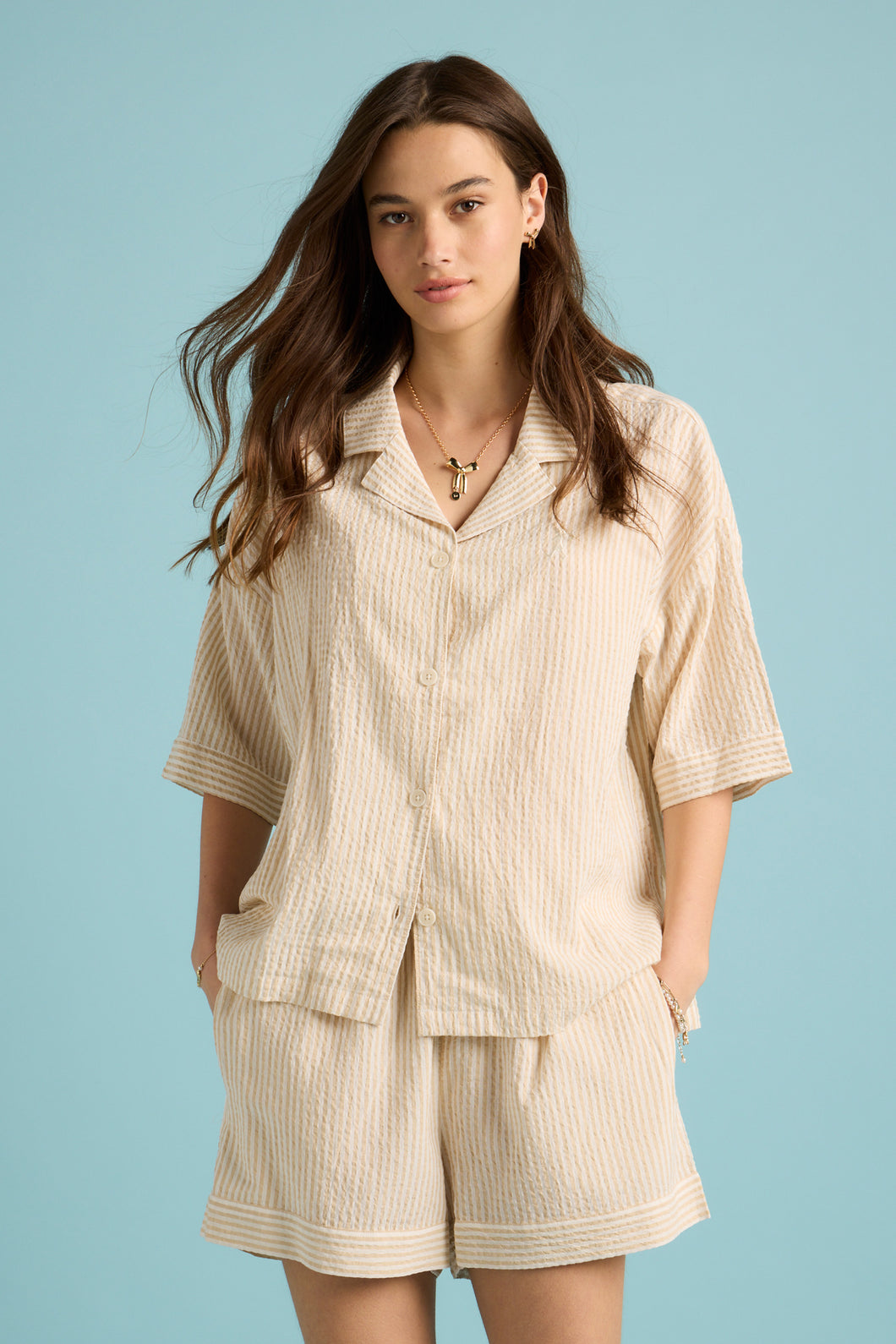 Papinelle x Karen Walker Seersucker Stripe Boxer PJ Set - Pepper/Cream