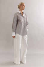 Load image into Gallery viewer, Caitlin Crisp Varsity Shirt - Mocha Stripe Hyde Boutique
