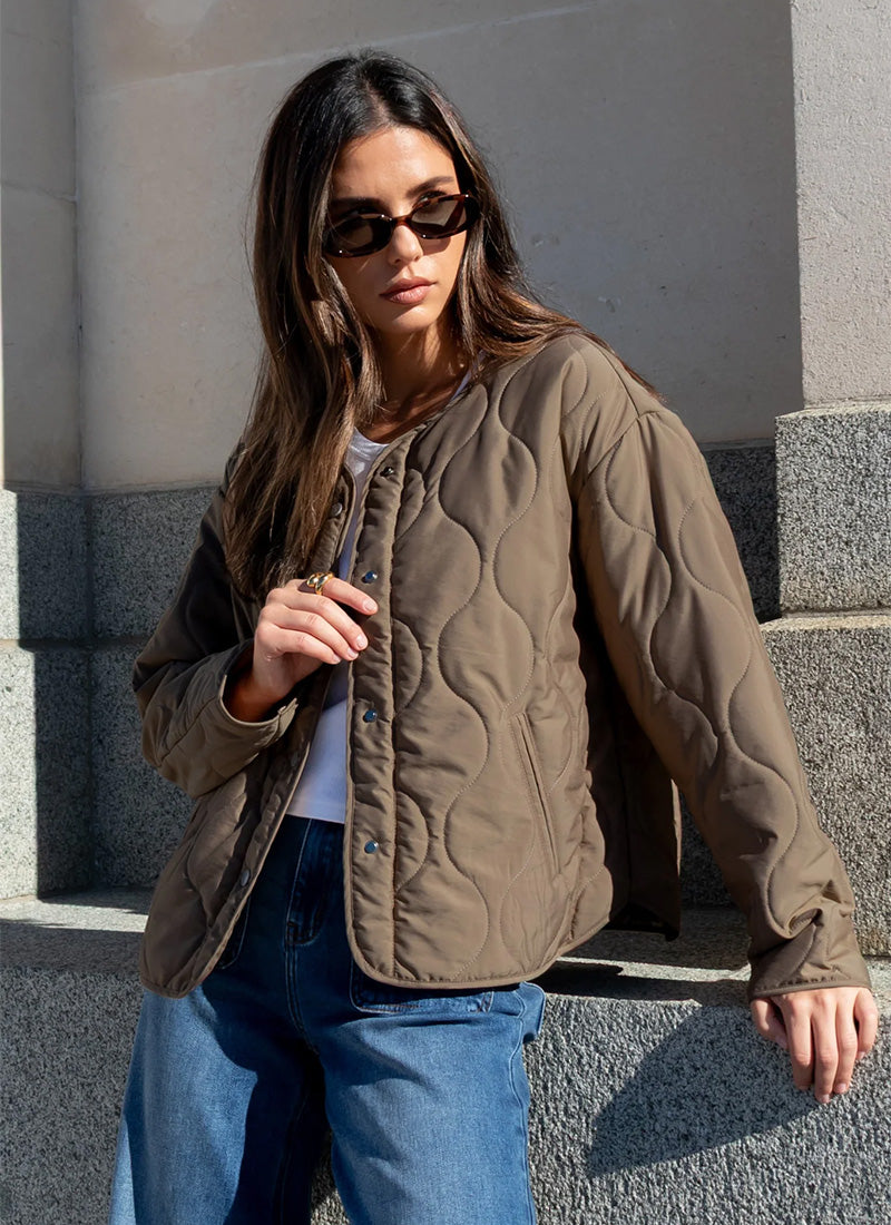 Stories Be Told Apex Collarless Puffer Jacket - Mocha Arriving Mid Sept Hyde Boutique