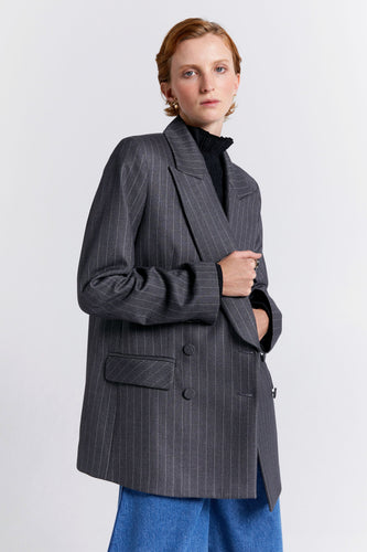 Karen Walker Kyoto Double Breasted Jacket - Pinstripe Suiting Charcoal  Hyde Boutique   