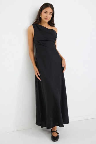 Stories Be Told Spotlight Linen Blend Off Shoulder Flare Midi Dress - Black Hyde Boutique