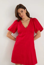 Load image into Gallery viewer, Among The Brave Adelaide Linen Puff Sleeve Paneled Mini Dress - Cherry
