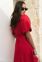 Load image into Gallery viewer, Among The Brave Adelaide Linen Puff Sleeve Paneled Mini Dress - Cherry
