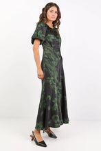 Load image into Gallery viewer, Stories Be Told Stage Satin Puff Sleeve Maxi Dress - Green Shadow Garden Hyde Boutique
