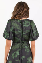 Load image into Gallery viewer, Stories Be Told Stage Satin Puff Sleeve Maxi Dress - Green Shadow Garden Hyde Boutique
