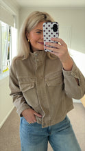 Load image into Gallery viewer, Stories Be Told Funnel Neck Denim Jacket - Taupe Arriving Saturday Hyde Boutique
