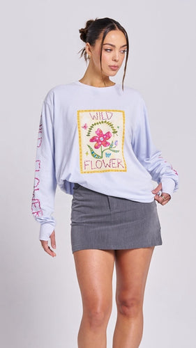 Maku the Label Moto Long Sleeve Wild Flower Top - Soft Blue Hyde Boutique