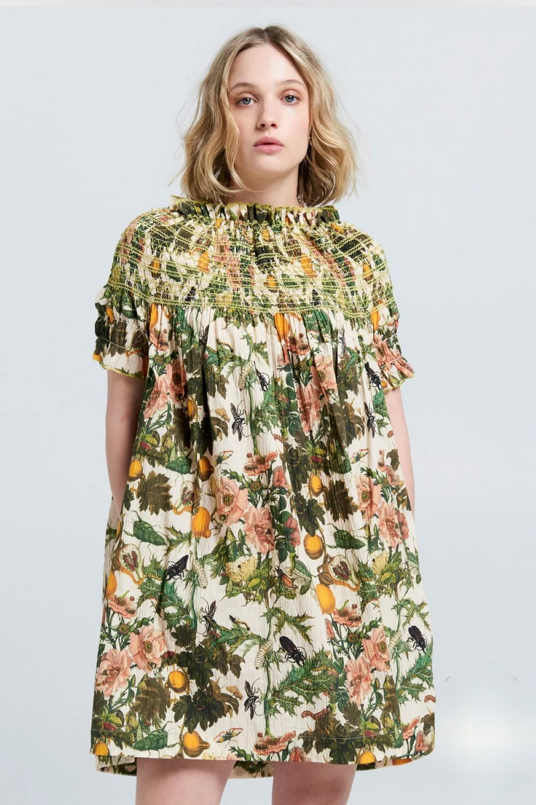 Karen Walker Gaia Smocked Mini Dress - Macadamia/Green Hyde Boutique