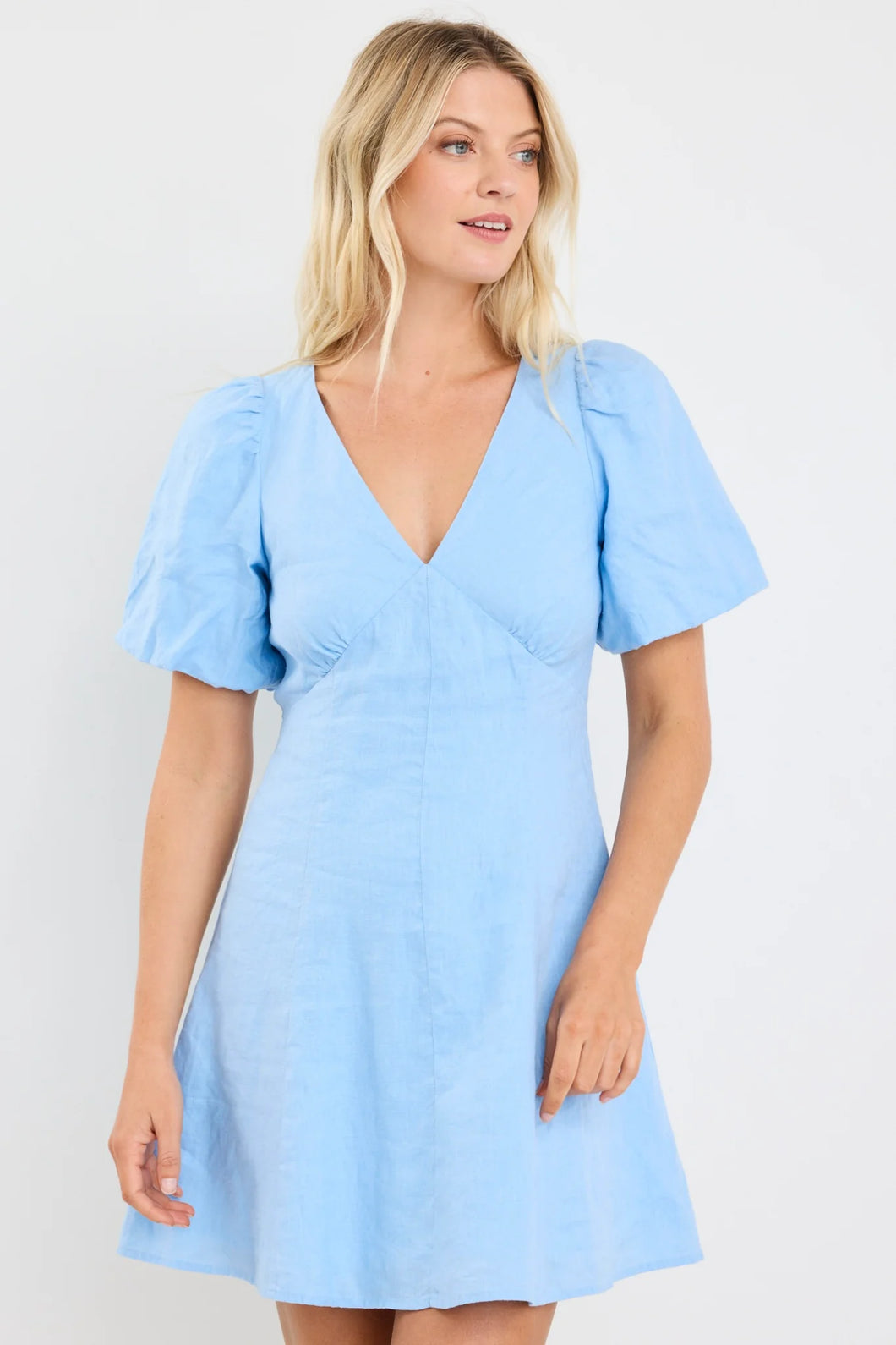 Among The Brave Adelaide Linen Puff Sleeve Panelled Mini Dress - Sky Blue Arriving Saturday