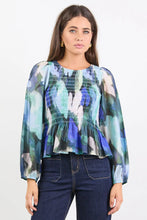 Load image into Gallery viewer, Among The Brave Assent Shirred Long Sleeve Top - Blue Abstract Print Arriving Soon
