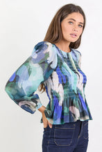 Load image into Gallery viewer, Among The Brave Assent Shirred Long Sleeve Top - Blue Abstract Print Arriving Soon
