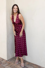Load image into Gallery viewer, Stories Be Told Aston Wine Cream Polka Dot Satin Bias Flared Maxi Dress
