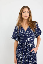 Load image into Gallery viewer, Stories Be Told Lisbon Puff Sleeve Midi Dress - Navy Polka Dot Hyde Boutique
