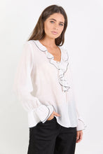 Load image into Gallery viewer, Stories Be Told Bohemian Sheer Frill Front Blouse - Ivory Black Trim
