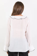 Load image into Gallery viewer, Stories Be Told Bohemian Sheer Frill Front Blouse - Ivory Black Trim
