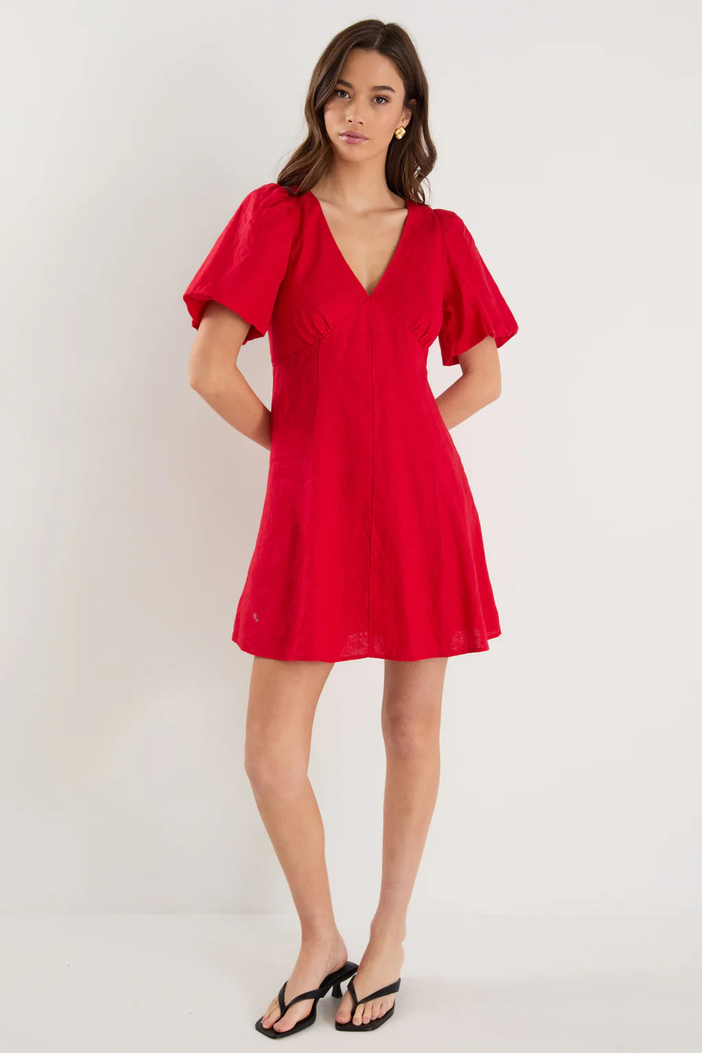 Among The Brave Adelaide Linen Puff Sleeve Paneled Mini Dress - Cherry