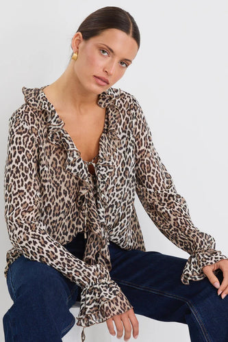 Bohemian Leopard Georgette LS Frill Front Top - Leopard Georgette Arriving Mid Sept Hyde Boutique