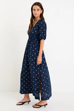Load image into Gallery viewer, Stories Be Told Eloquent Flutter Sleeve Maxi Dress - Navy Polka Dot Hyde Boutique
