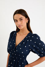 Load image into Gallery viewer, Stories Be Told Eloquent Flutter Sleeve Maxi Dress - Navy Polka Dot Hyde Boutique
