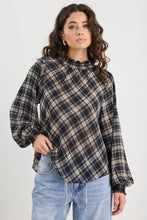 Load image into Gallery viewer, Among The Brave Embrace Check Chiffon Shirred Neck LS Top Apparel > Women > Clothing > Jackets > Faux Leather Jackets > Bubble Hem Jackets > Stories Be Told Hyde Boutique
