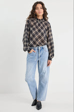 Load image into Gallery viewer, Among The Brave Embrace Check Chiffon Shirred Neck LS Top Apparel > Women > Clothing > Jackets > Faux Leather Jackets > Bubble Hem Jackets > Stories Be Told Hyde Boutique
