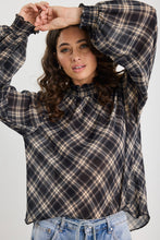 Load image into Gallery viewer, Among The Brave Embrace Check Chiffon Shirred Neck LS Top Apparel > Women > Clothing > Jackets > Faux Leather Jackets > Bubble Hem Jackets > Stories Be Told Hyde Boutique
