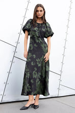 Load image into Gallery viewer, Stories Be Told Stage Satin Puff Sleeve Maxi Dress - Green Shadow Garden Hyde Boutique

