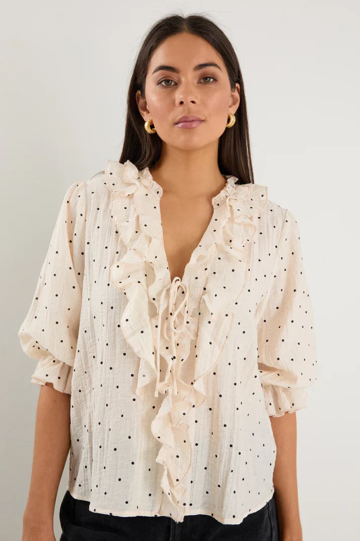 Ivy + Jack Garnish Spot Frill Front Mid Sleeve Top - Cream Black Polka Dot