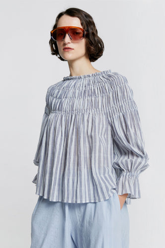Karen Walker Prairie Organic Cotton Shirred Blouse - Multi Stripe Blue  Hyde Boutique   